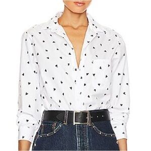 FRANK & EILEEN Silvio Woven Button Up in White & Black Hearts Size XS